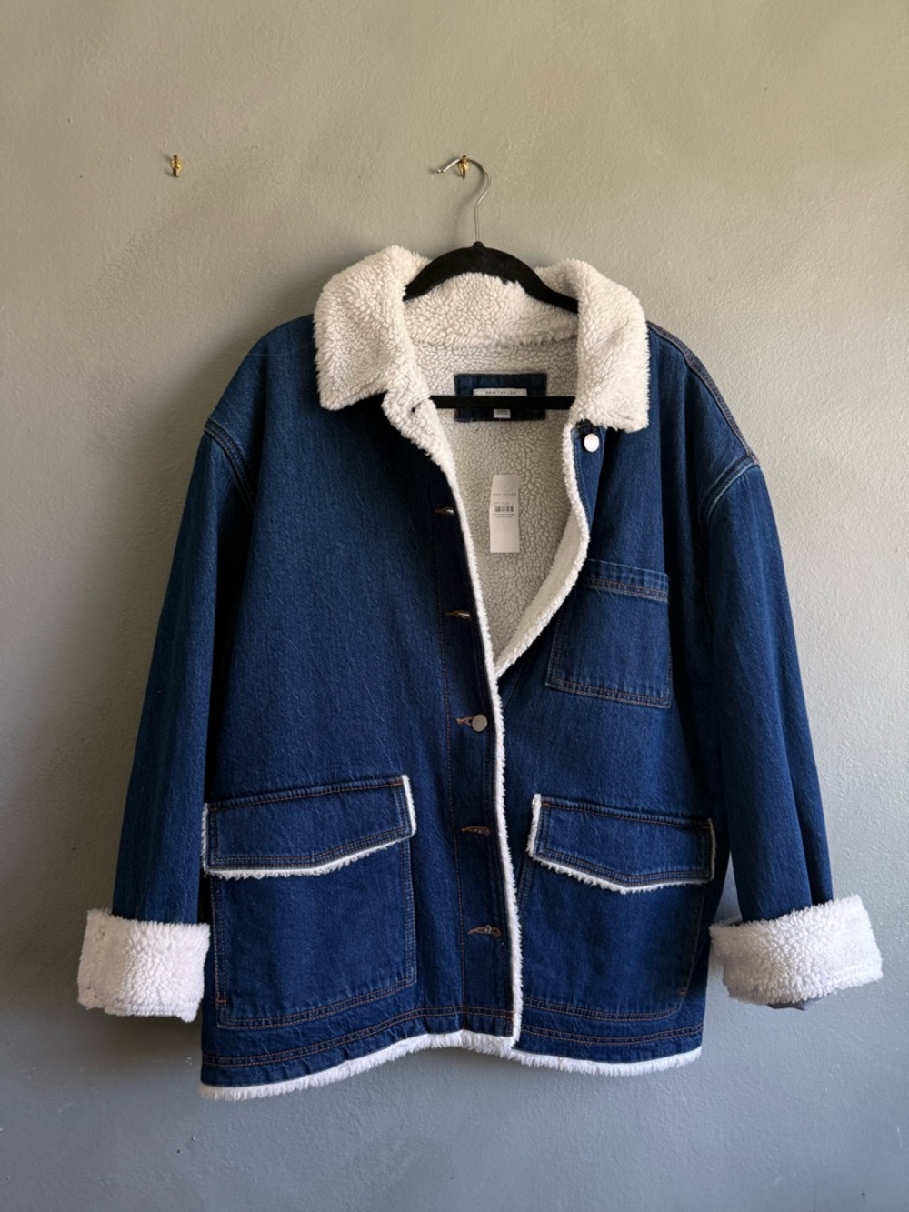 Ann Taylor Sherpa Lined Relaxed Carpenter Jacket In Dark Wash